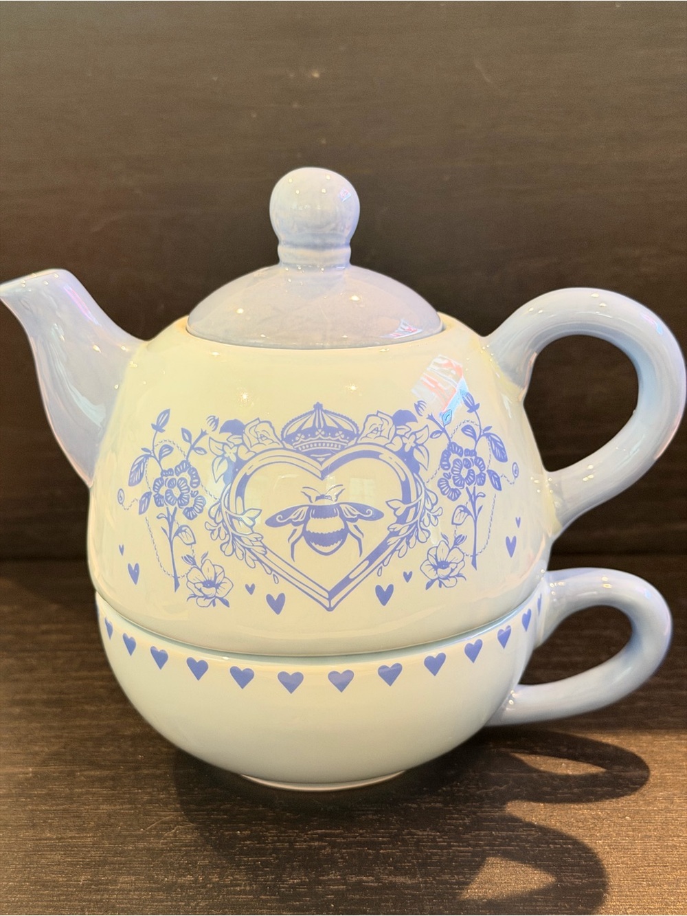 Blue Bee Heart Ceramic Teapot and Cup Set - Picture 5 of 9